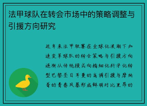 法甲球队在转会市场中的策略调整与引援方向研究