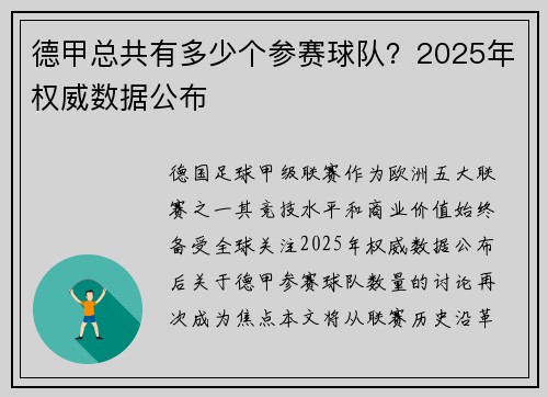 德甲总共有多少个参赛球队？2025年权威数据公布
